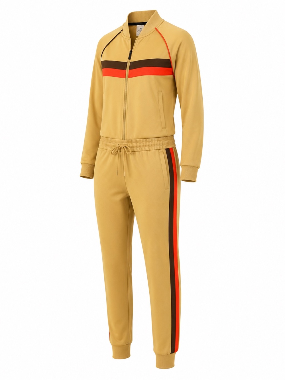 Jian Wang Mens Tracksuit Set Size L Tan Red Brown Stripe Jacket Pants Jogger
